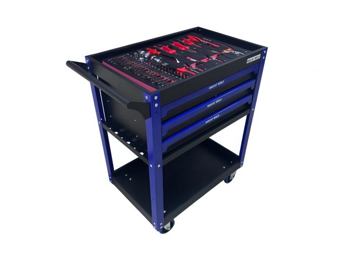 Тележка инструментальная Great Wolf GW-3ST1 Blue, с полкой и тремя ящиками, с набором инструментов 249пр.