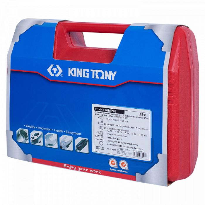 Пневмогайковерт ударный KING TONY 44116MP08, 1/2", с набором головок, легковой, 678 Нм