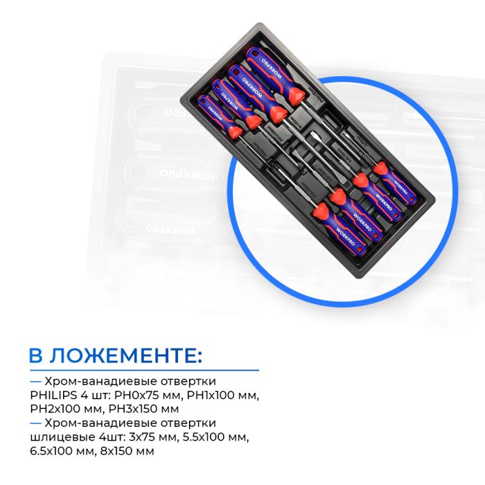 Тележка инструментальная WORKPRO WP285002A, закрытая, 7 ящиков, с набором инструментов 186шт.