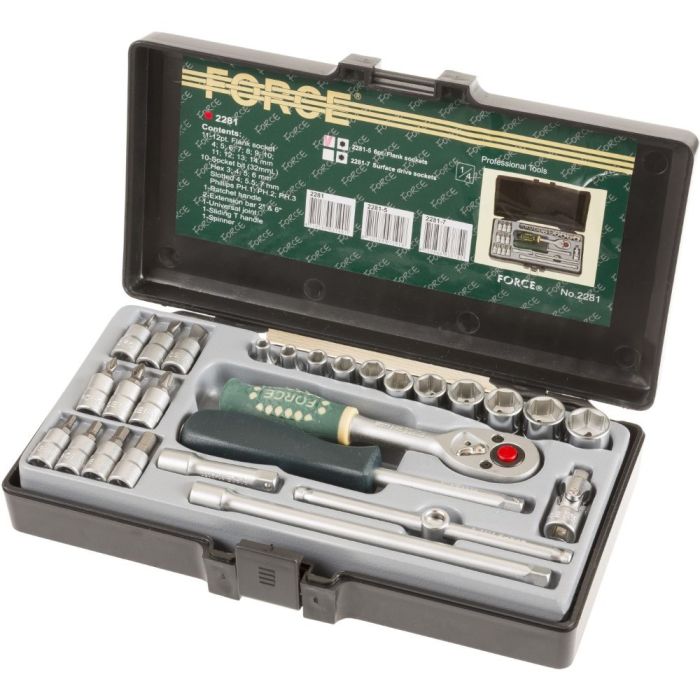 Набор инструментов в кейсе Force 2281-5, 27 предметов, с трещоткой, 1/2", 1/4"