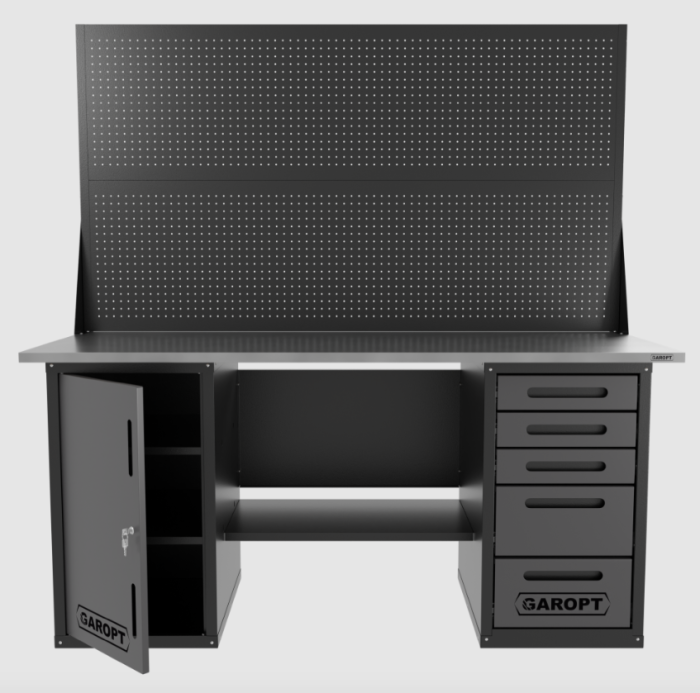 Верстак слесарный Garopt "Low Cost" GT1800DY5PP2.grey, двухтумбовый, дв. экран, 5 ящиков, дверца