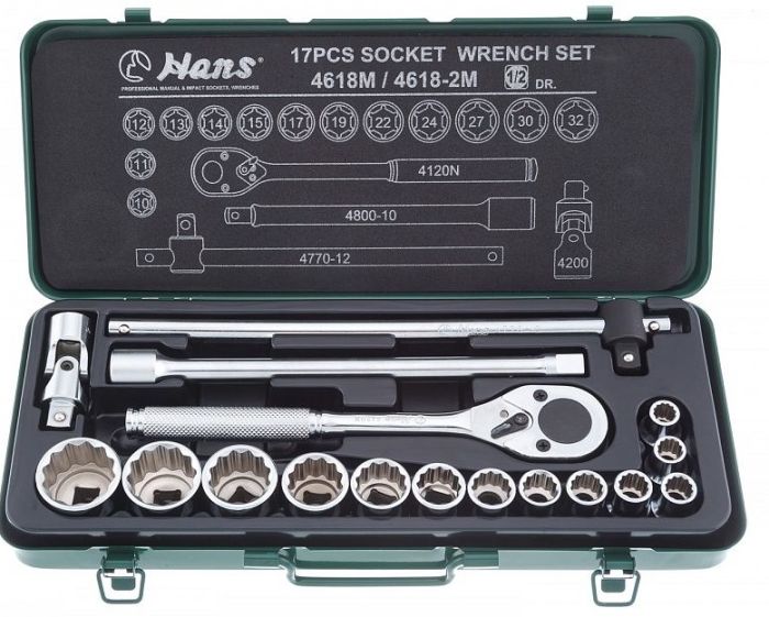 Набор торцевых головок с трещоткой Hans 4618-2M, 1/2", 10-32мм, 17 предметов