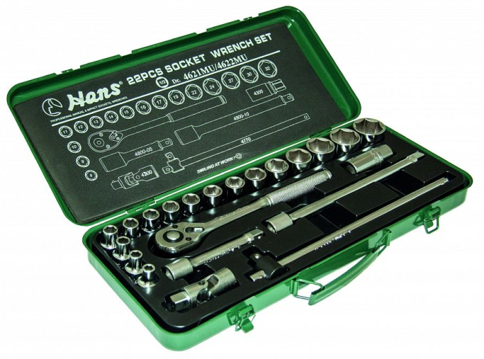Набор торцевых головок с трещоткой Hans 4621MU, 1/2", 8-32мм, 22 предмета