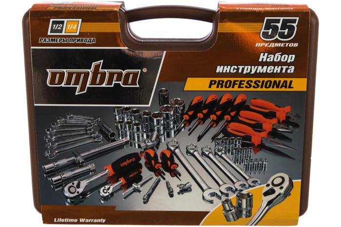 Набор инструментов в кейсе Ombra OMT55S, 55 предметов, с трещоткой, 1/2", 1/4"
