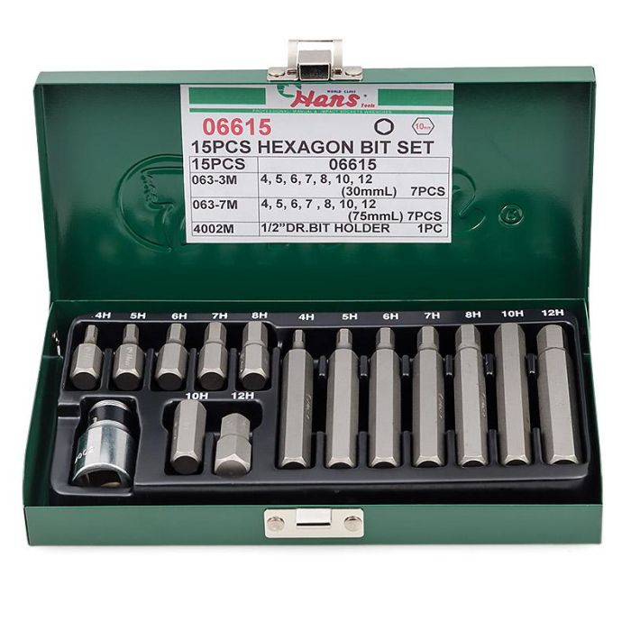 Набор бит для шуруповерта Hans 06615, 1/2", HEX, 15 предметов