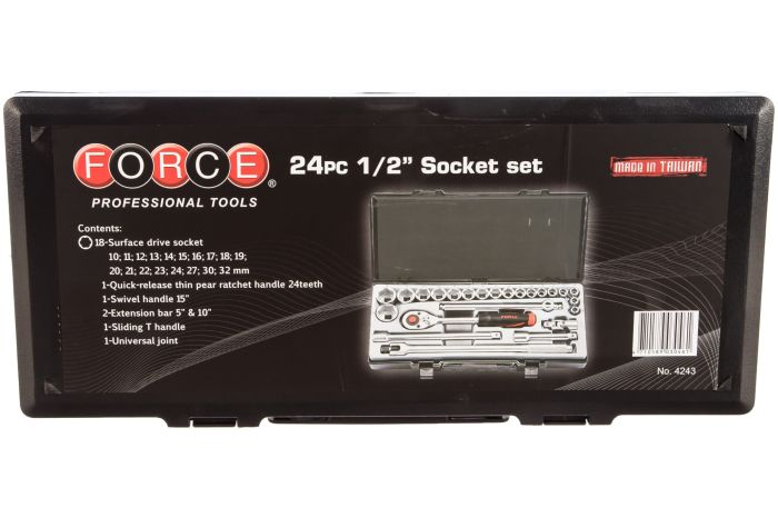 Набор инструментов в кейсе Force SL-4243, 24 предмета, с трещоткой, 1/2"
