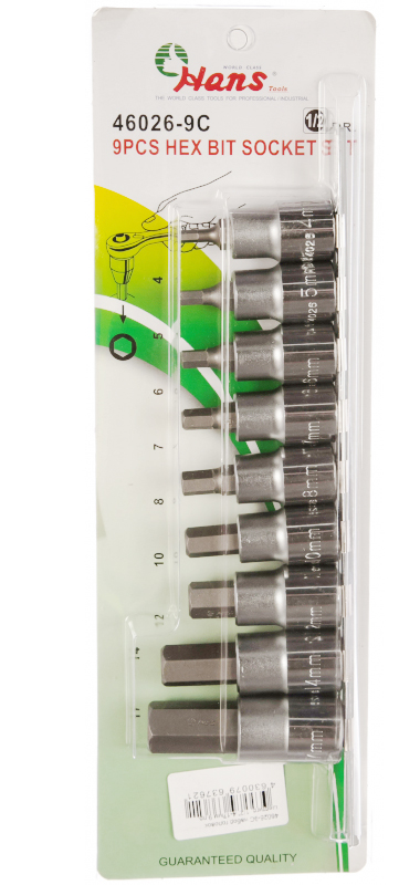 Набор торцевых головок HEX Hans 46026-9C, 1/2", 5-17мм, 9 предметов, без кейса