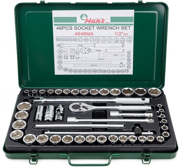 Набор торцевых головок Hex с трещоткой Hans 4646MA, 1/2", 8-32мм, 46 предметов