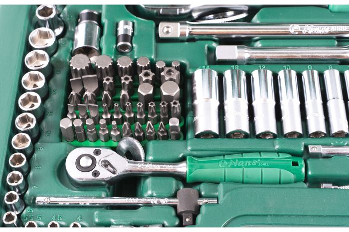 Набор инструментов в кейсе Hans TK-158E, 158 предметов, 1/2", 1/4", с трещоткой