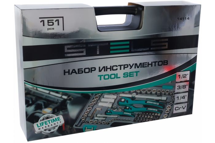 Набор инструментов в кейсе Stels 14114, 151 предмет, с трещоткой, 1/4", 3/8", 1/2"