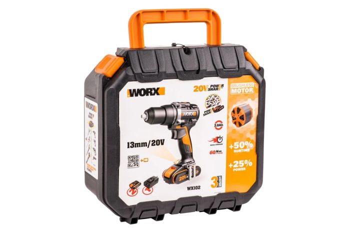Аккумуляторная бесщёточная дрель-шуруповерт WORX WX102, 20В, 60Нм, бесщеточная, 2Ач х2, ЗУ, кейс