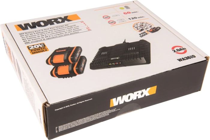 Комплект двойное зарядное устройство WORX WA3869 + 2 АКБ 2.0 А/ч