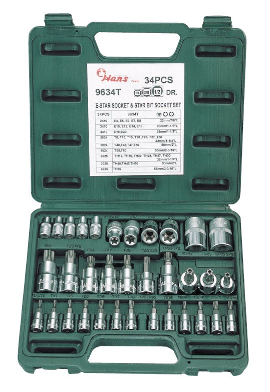 Набор торцевых головок E-Star, Star Hans 9634T, 1/2", 1/4", 3/8", 4-20мм, 34 предмета