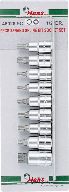 Набор торцевых головок Ribe, Spline, Hans 46028-9C, 1/2", 5-16мм, 9 предметов, без кейса
