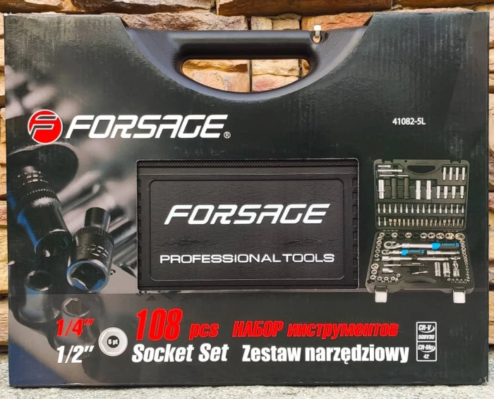 Набор инструментов в кейсе Forsage F-41082-5L, 108 предметов, с трещоткой, 1/2", 1/4"