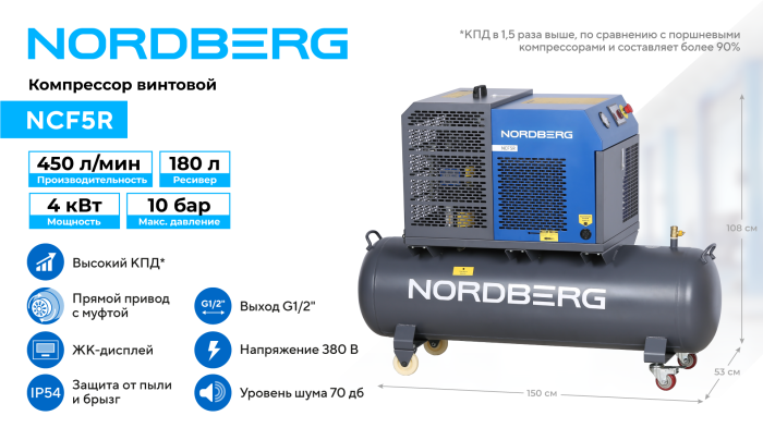 Винтовой компрессор Nordberg NCF5R, прямой привод, 10 бар, IP54, 450л/мин, 4кВт, 180л
