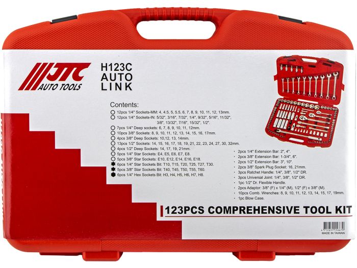 Набор инструментов в кейсе JTC JTC-H123C, 123 предмета, с трещоткой, 1/4", 3/8", 1/2"