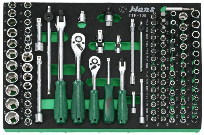 Трещотки с головками и аксессуарами Hans TTF-108, 1/4", 3/8", 108 предмета