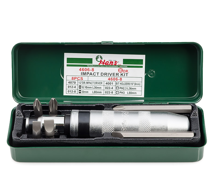Отвёртка ударная Hans 4606-8, 1/2", с набором бит, 8 пр.