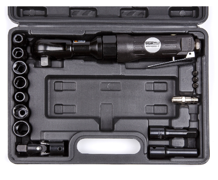 Пневмотрещoтка угловая KraftWell KRW12RW-T, 1/2'', 60 Нм, с набором головок