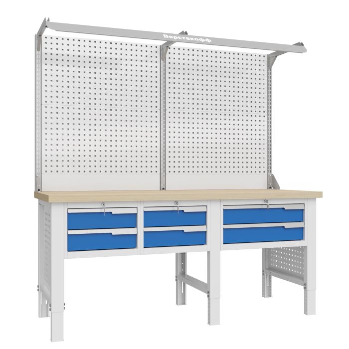 Верстак слесарный Верстакофф CTR 2002.S11L1.23-2F, 3 тумбы, 2+2+2 ящика, с дв. экраном, подсветка